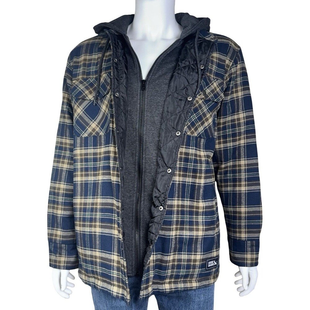 Eddie Bauer Mens Medium Hooded Shirt Jacket Navy Soloman Plaid Quilted Lined New